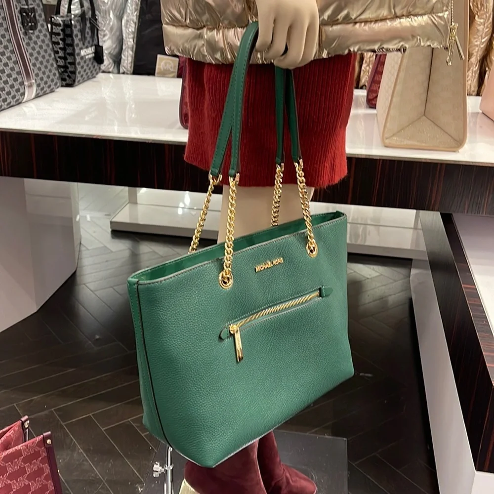 MICHAEL KORS Jet Set Medium Front Zip Pebbled Leather Chain Tote Bag Jewel Green